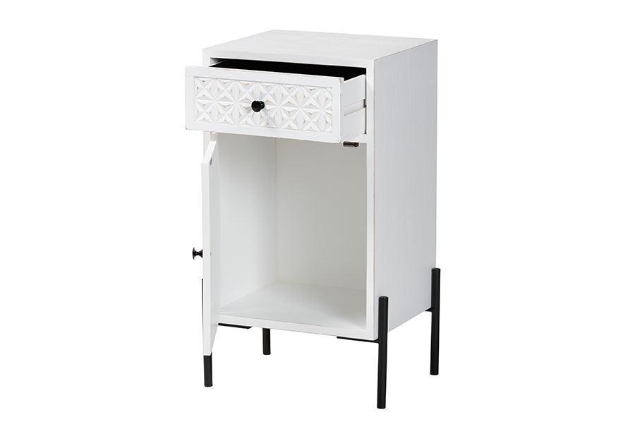 Baxton Studio Nefeli Mid-Century Transitional White Finished Wood and Black Metal 1-Drawer Storage Cabinet FredCo