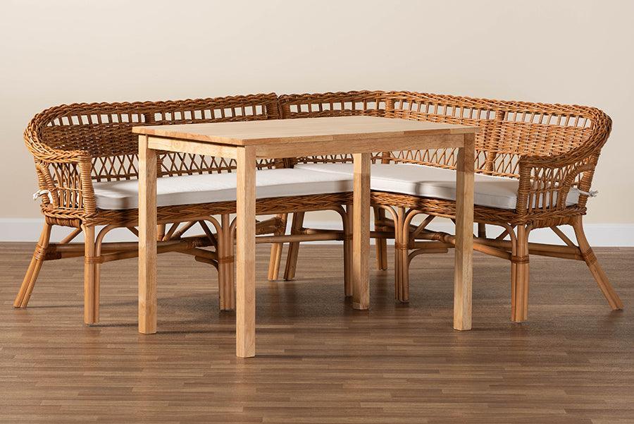 Baxton Studio Nella Modern Bohemian Natural Brown Finished Wood and Rattan 3-Piece Dining Nook Set FredCo
