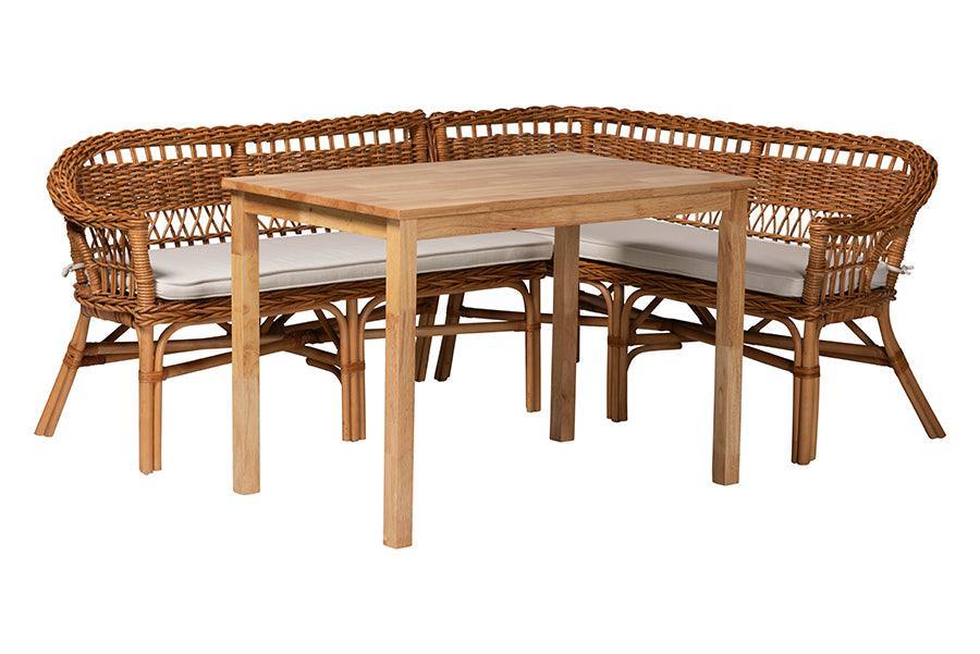 Baxton Studio Nella Modern Bohemian Natural Brown Finished Wood and Rattan 3-Piece Dining Nook Set FredCo