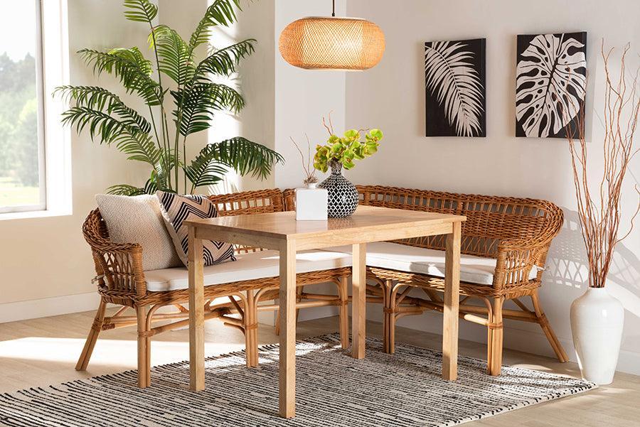 Baxton Studio Nella Modern Bohemian Natural Brown Finished Wood and Rattan 3-Piece Dining Nook Set FredCo