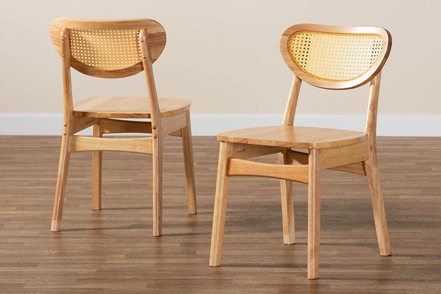 Baxton Studio Nenet Mid-Century Modern Oak Brown Finished Wood and Rattan 2-Piece Dining Chair Set FredCo