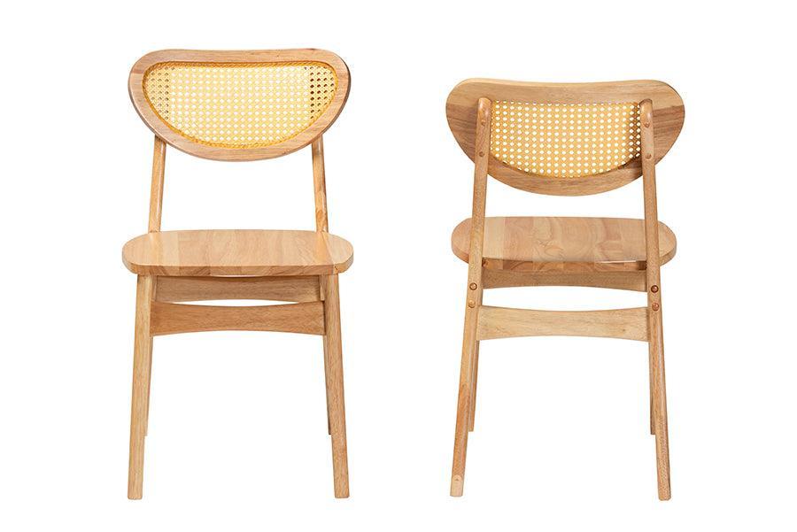 Baxton Studio Nenet Mid-Century Modern Oak Brown Finished Wood and Rattan 2-Piece Dining Chair Set FredCo