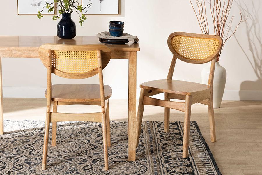 Baxton Studio Nenet Mid-Century Modern Oak Brown Finished Wood and Rattan 2-Piece Dining Chair Set FredCo