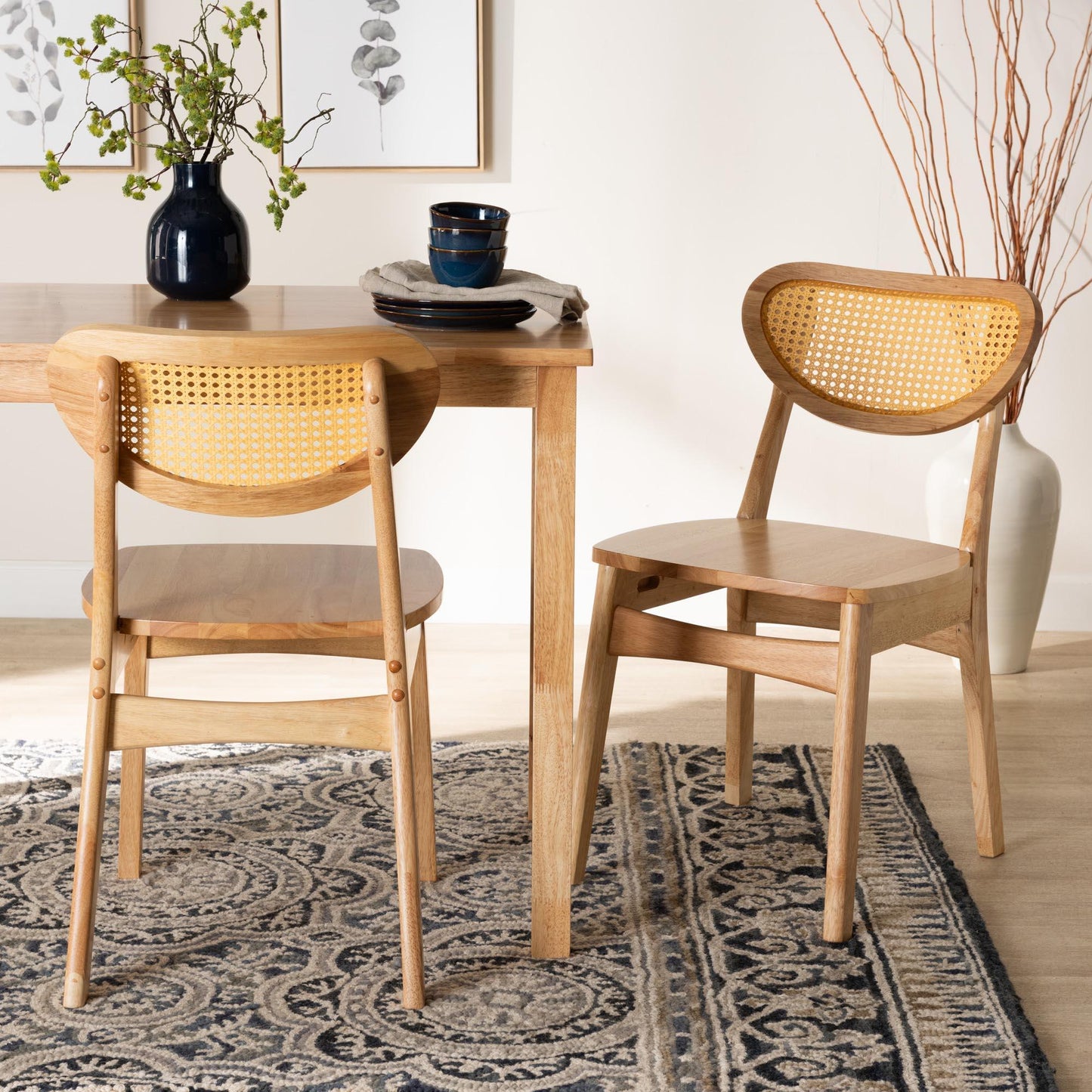Baxton Studio Nenet Mid-Century Modern Oak Brown Finished Wood and Rattan 2-Piece Dining Chair Set FredCo
