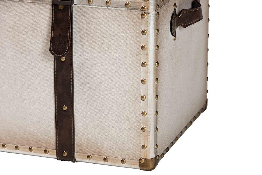 Baxton Studio Nevio Vintage Weathered White Canvas Storage Trunk FredCo