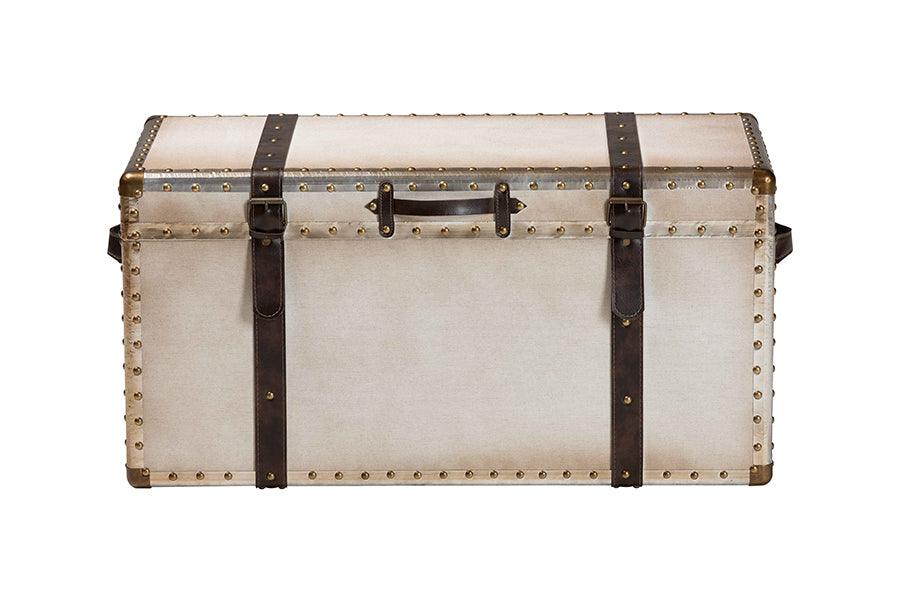 Baxton Studio Nevio Vintage Weathered White Canvas Storage Trunk FredCo