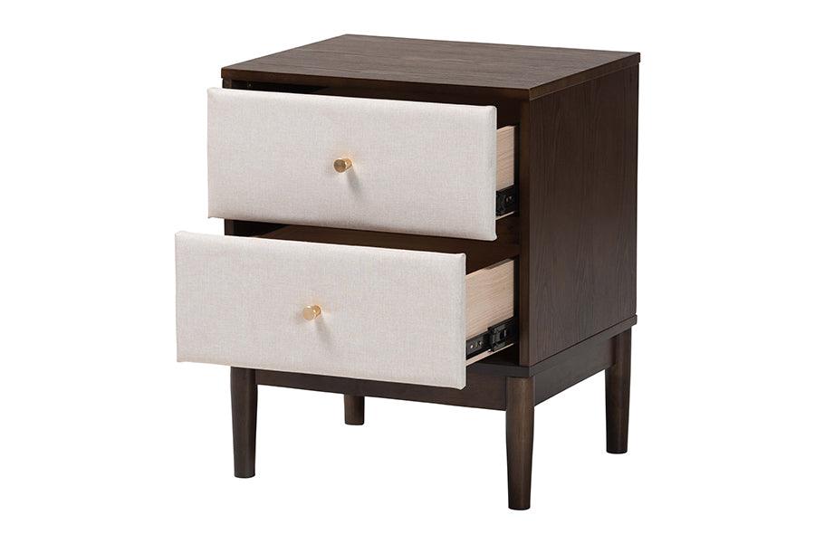 Baxton Studio Nikolai Mid-Century Beige Fabric and Wenge Brown Wood 2-Drawer Nightstand FredCo