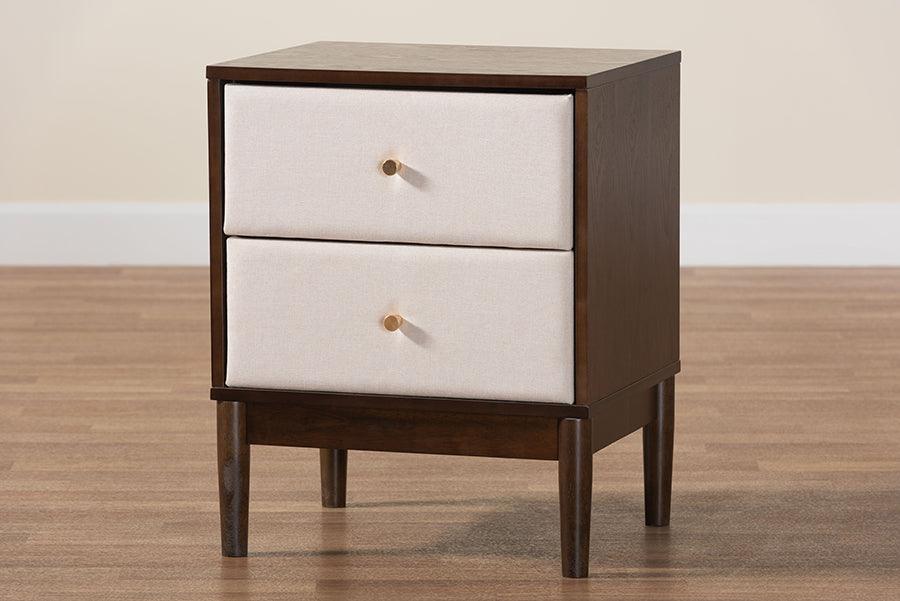 Baxton Studio Nikolai Mid-Century Beige Fabric and Wenge Brown Wood 2-Drawer Nightstand FredCo