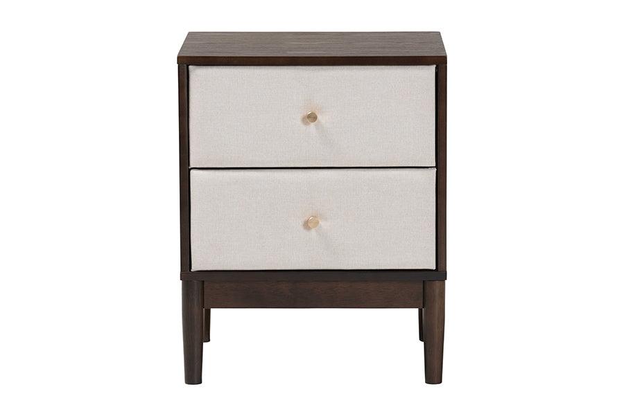 Baxton Studio Nikolai Mid-Century Beige Fabric and Wenge Brown Wood 2-Drawer Nightstand FredCo