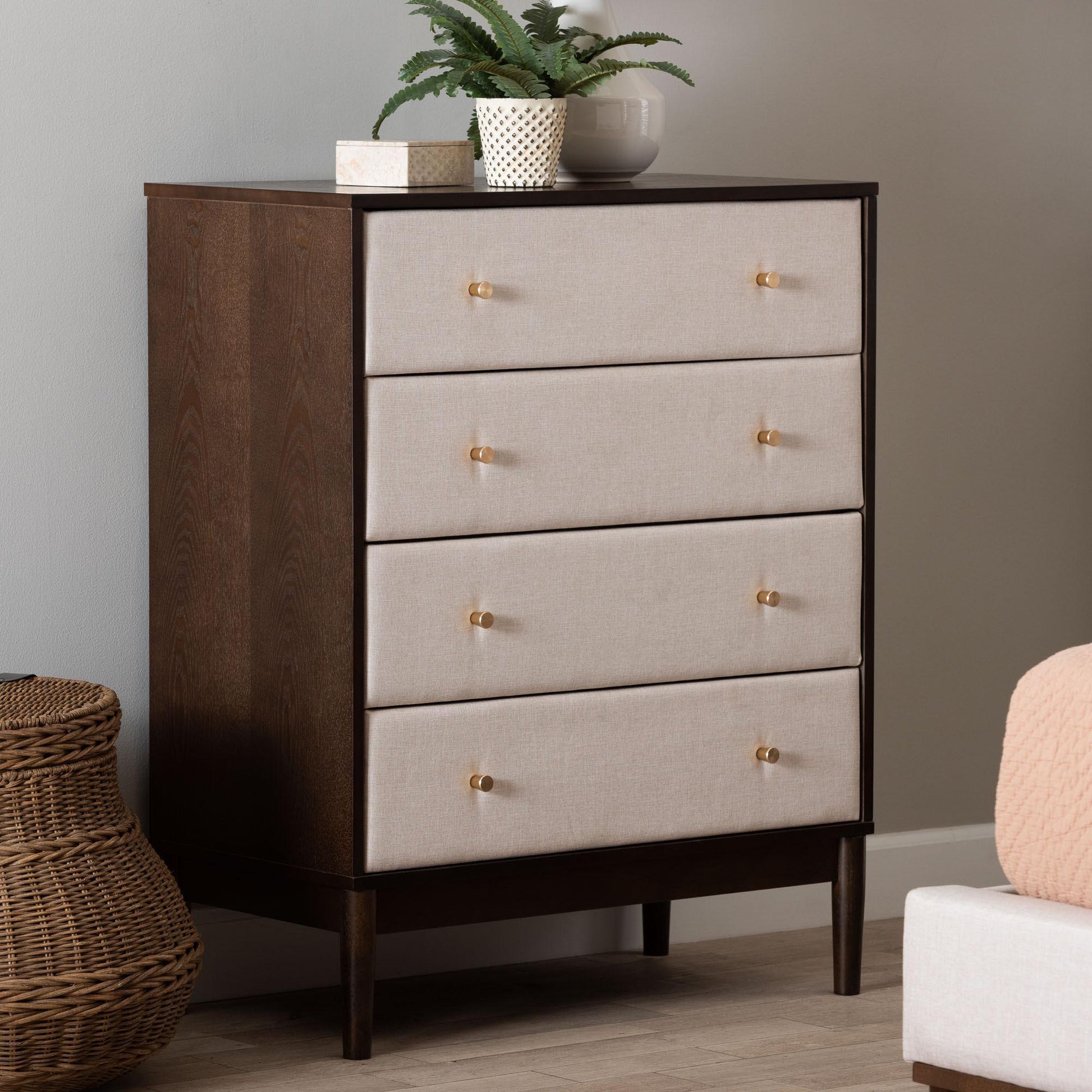 Baxton Studio Nikolai Mid-Century Beige Fabric and Wenge Brown Wood 4-Drawer Chest FredCo