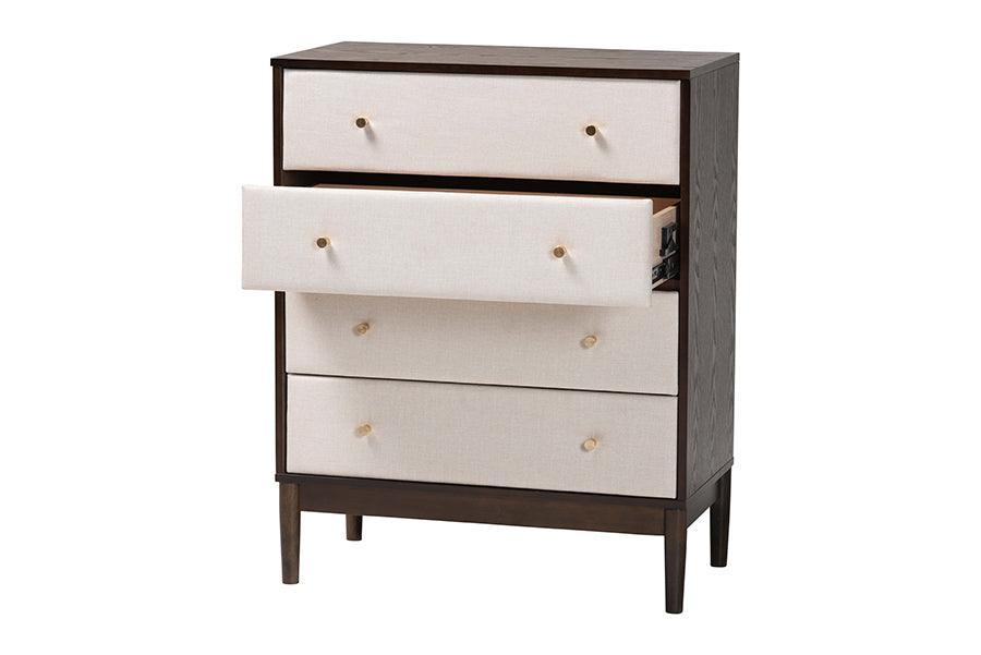 Baxton Studio Nikolai Mid-Century Beige Fabric and Wenge Brown Wood 4-Drawer Chest FredCo