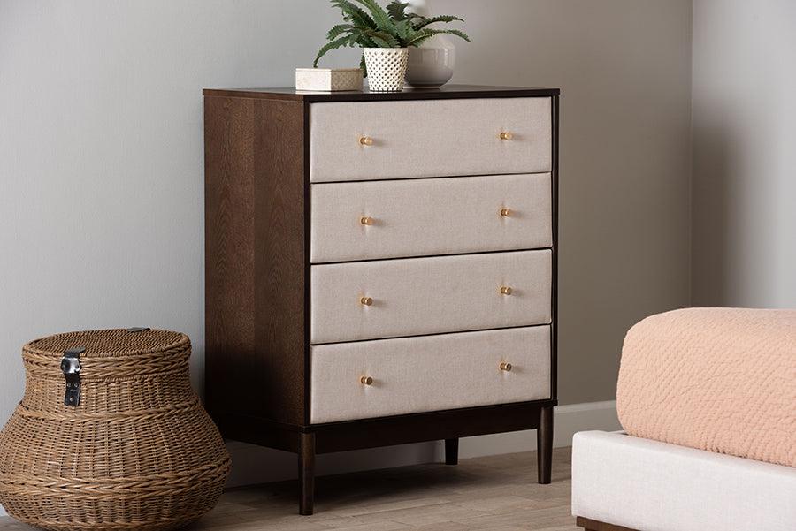 Baxton Studio Nikolai Mid-Century Beige Fabric and Wenge Brown Wood 4-Drawer Chest FredCo