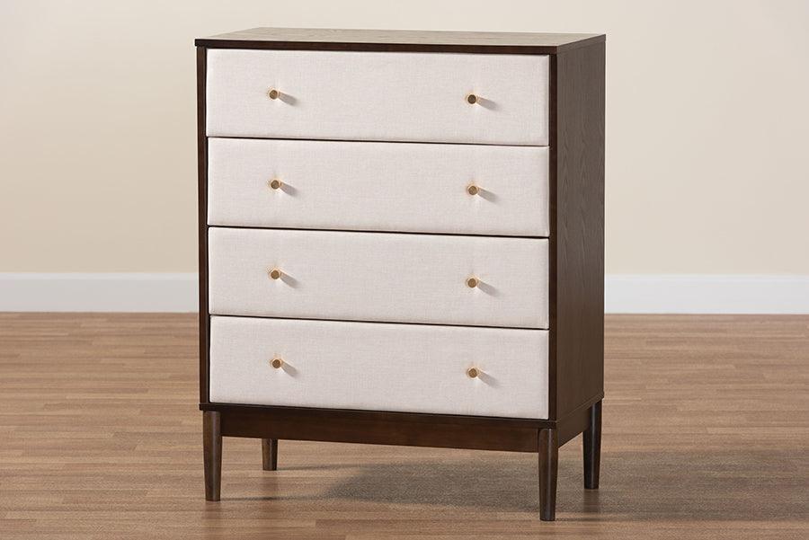 Baxton Studio Nikolai Mid-Century Beige Fabric and Wenge Brown Wood 4-Drawer Chest FredCo