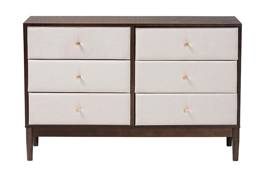 Baxton Studio Nikolai Mid-Century Beige Fabric and Wenge Brown Wood 6-Drawer Dresser FredCo