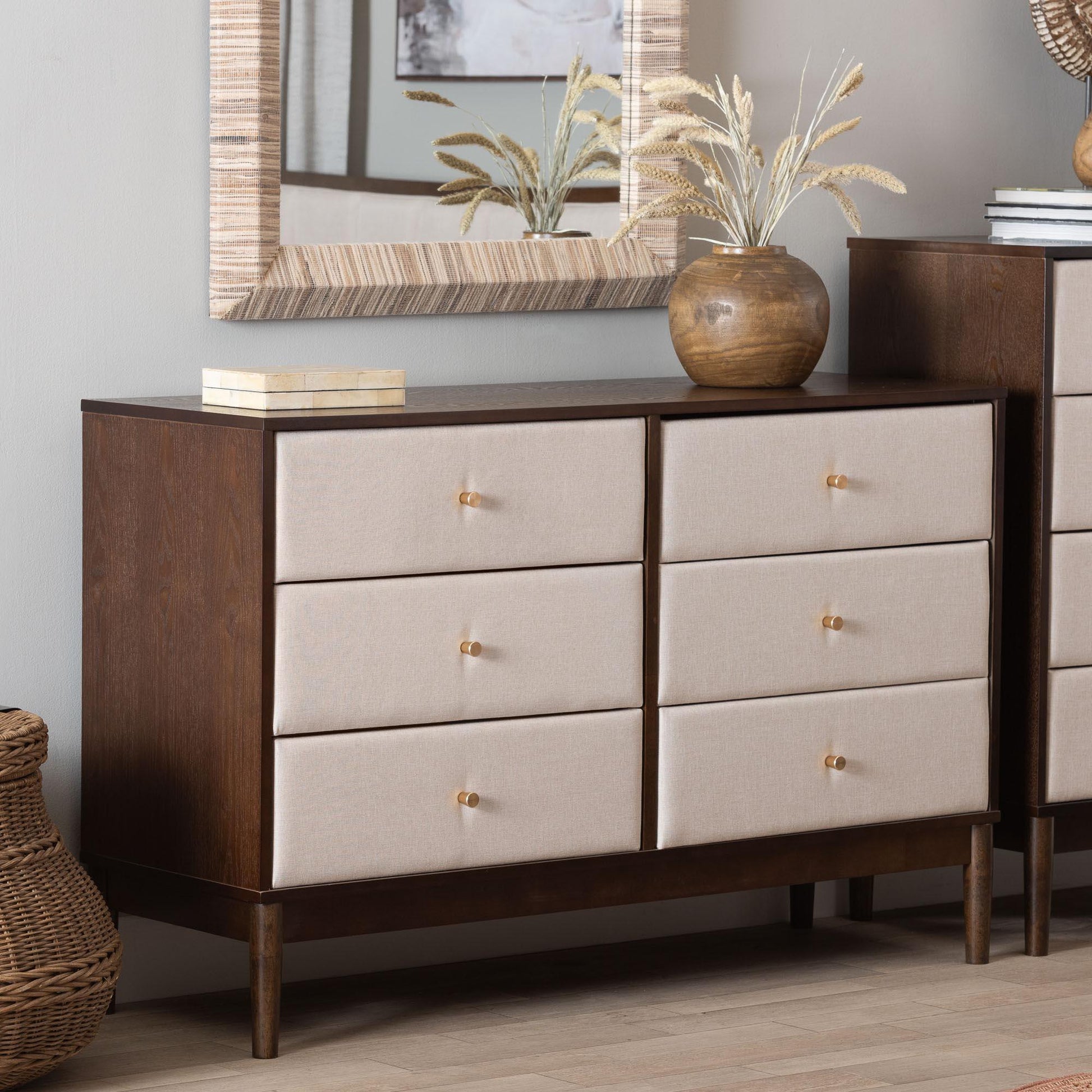 Baxton Studio Nikolai Mid-Century Beige Fabric and Wenge Brown Wood 6-Drawer Dresser FredCo