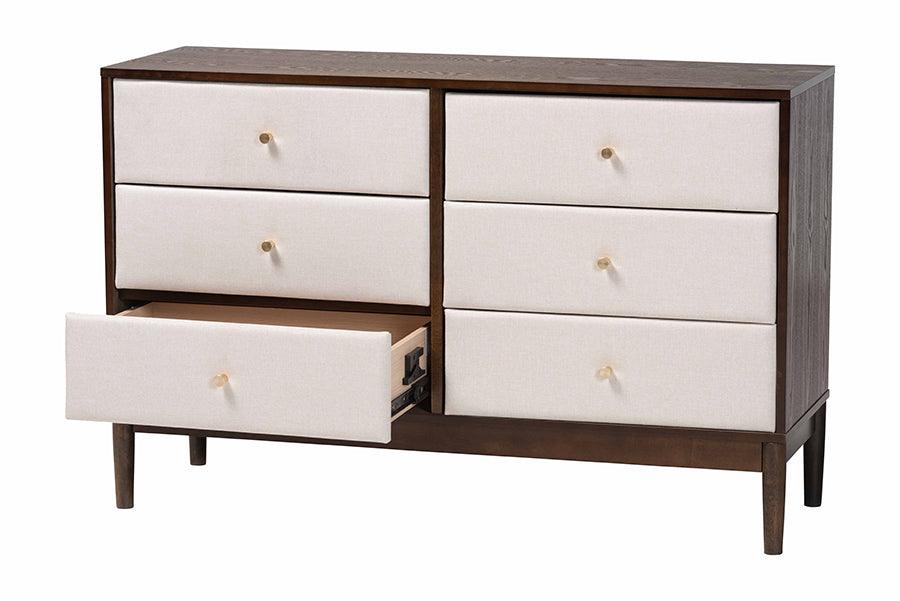 Baxton Studio Nikolai Mid-Century Beige Fabric and Wenge Brown Wood 6-Drawer Dresser FredCo