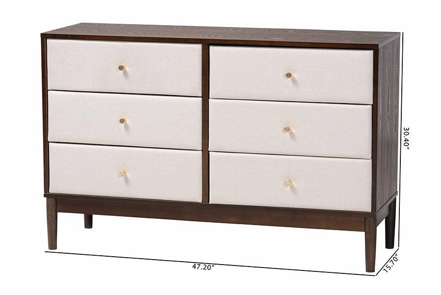 Baxton Studio Nikolai Mid-Century Beige Fabric and Wenge Brown Wood 6-Drawer Dresser FredCo