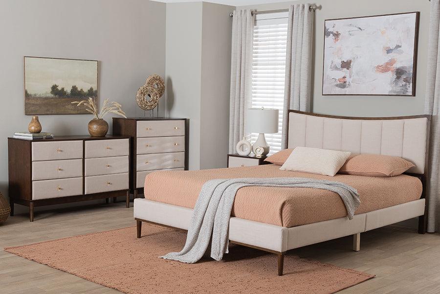 Baxton Studio Nikolai Mid-Century Channel Tufted Beige Fabric and Wenge Brown Wood 4-Piece Queen Bedroom Set FredCo