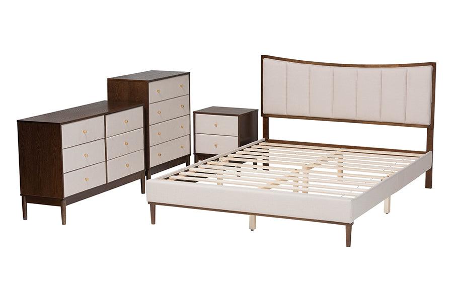 Baxton Studio Nikolai Mid-Century Channel Tufted Beige Fabric and Wenge Brown Wood 4-Piece Queen Bedroom Set FredCo