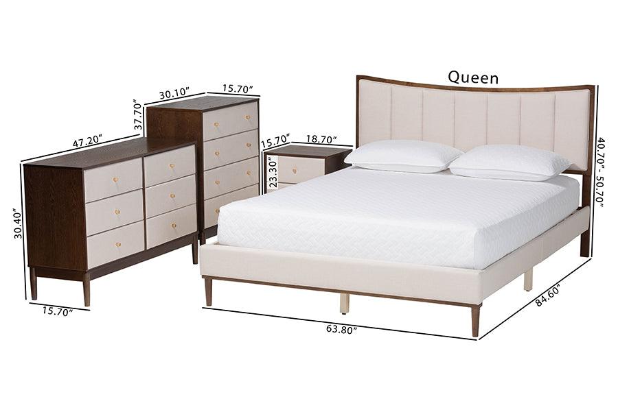 Baxton Studio Nikolai Mid-Century Channel Tufted Beige Fabric and Wenge Brown Wood 4-Piece Queen Bedroom Set FredCo