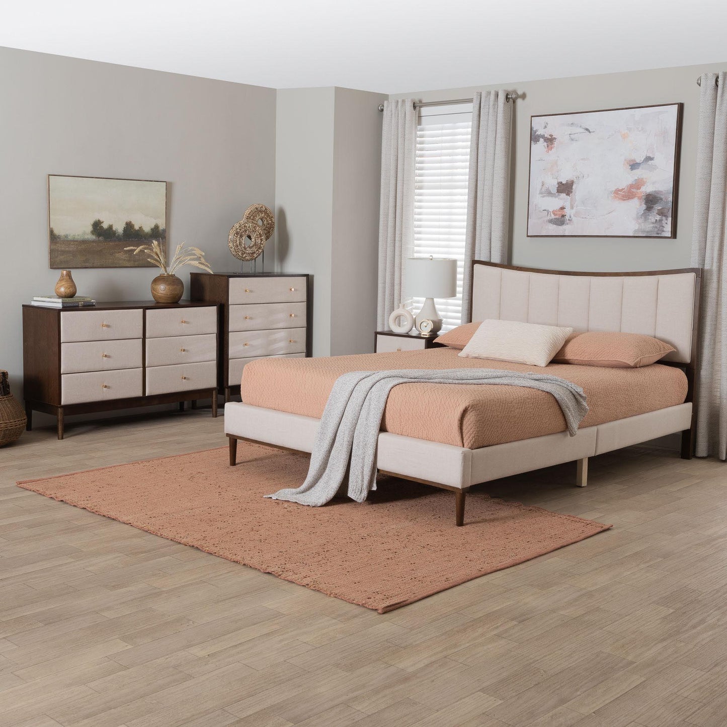 Baxton Studio Nikolai Mid-Century Channel Tufted Beige Fabric and Wenge Brown Wood 4-Piece Queen Bedroom Set FredCo
