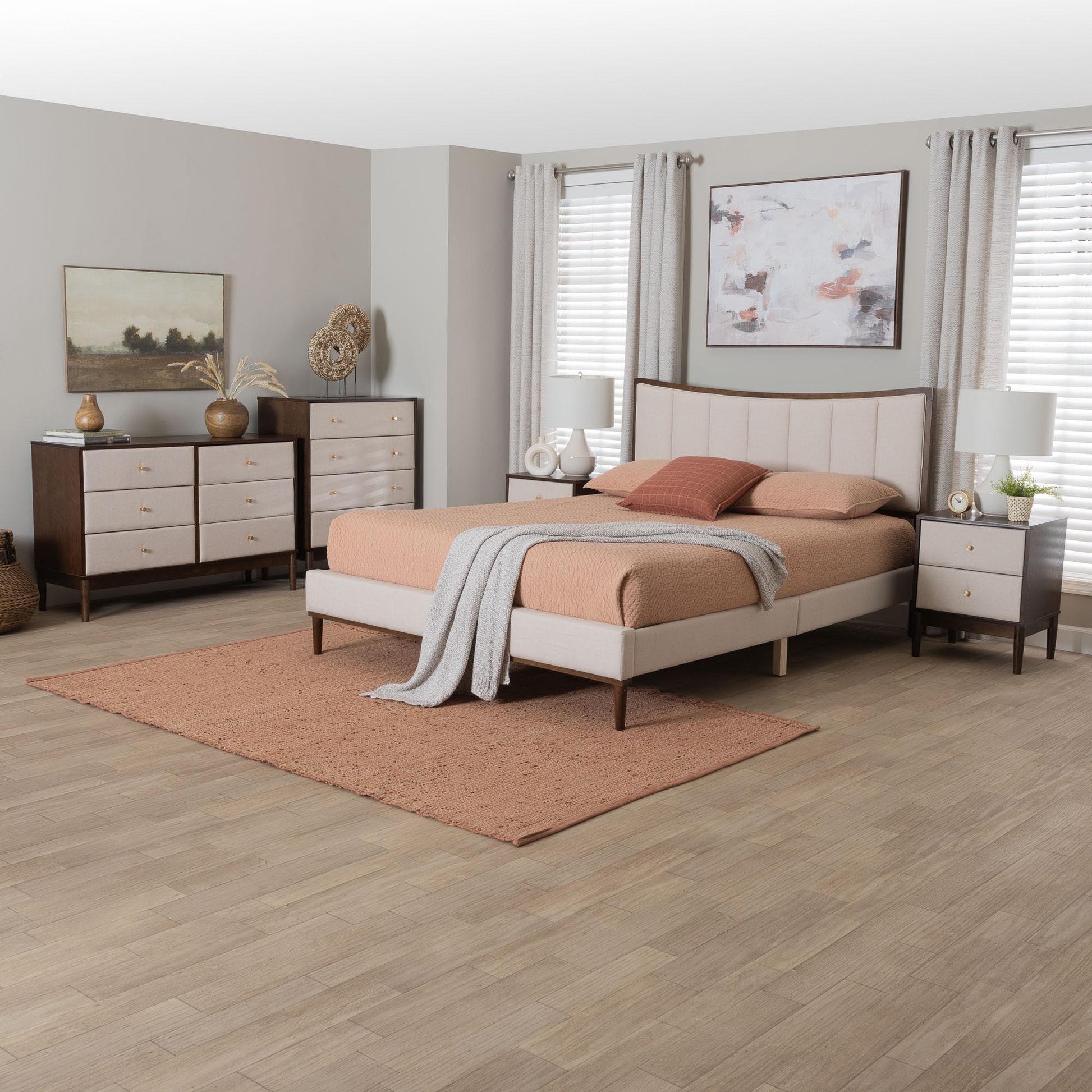 Baxton Studio Nikolai Mid-Century Channel Tufted Beige Fabric and Wenge Brown Wood 5-Piece Queen Bedroom Set FredCo