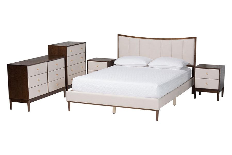 Baxton Studio Nikolai Mid-Century Channel Tufted Beige Fabric and Wenge Brown Wood 5-Piece Queen Bedroom Set FredCo