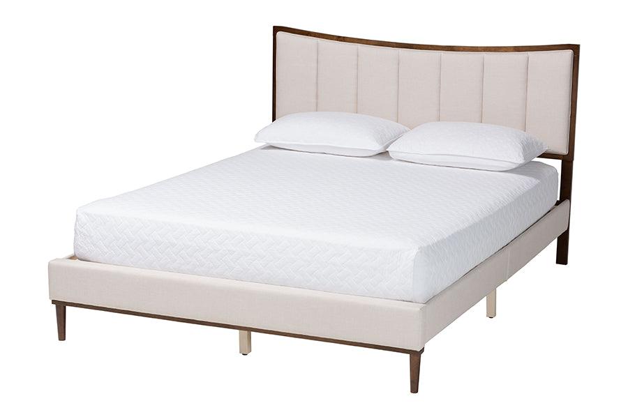 Baxton Studio Nikolai Mid-Century Channel Tufted Beige Fabric and Wenge Brown Wood 5-Piece Queen Bedroom Set FredCo