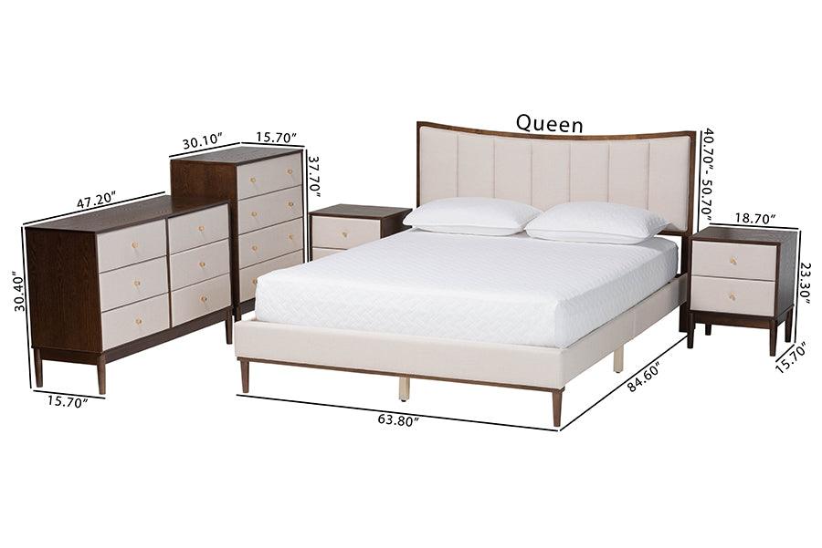 Baxton Studio Nikolai Mid-Century Channel Tufted Beige Fabric and Wenge Brown Wood 5-Piece Queen Bedroom Set FredCo
