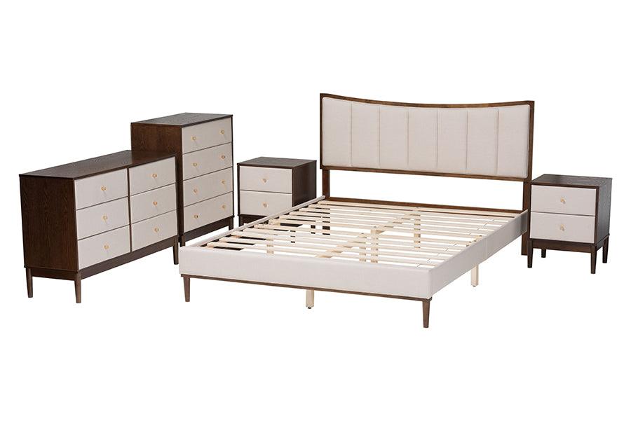 Baxton Studio Nikolai Mid-Century Channel Tufted Beige Fabric and Wenge Brown Wood 5-Piece Queen Bedroom Set FredCo