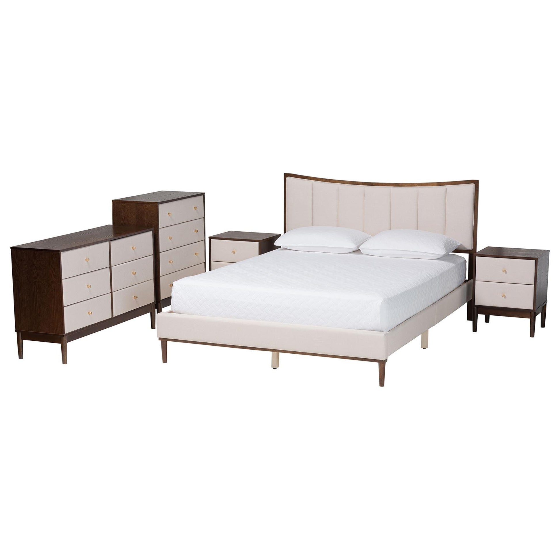 Baxton Studio Nikolai Mid-Century Channel Tufted Beige Fabric and Wenge Brown Wood 5-Piece Queen Bedroom Set FredCo