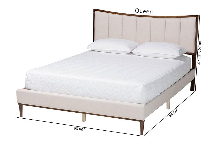 Baxton Studio Nikolai Mid-Century Channel Tufted Beige Fabric and Wenge Brown Wood Queen Bed FredCo