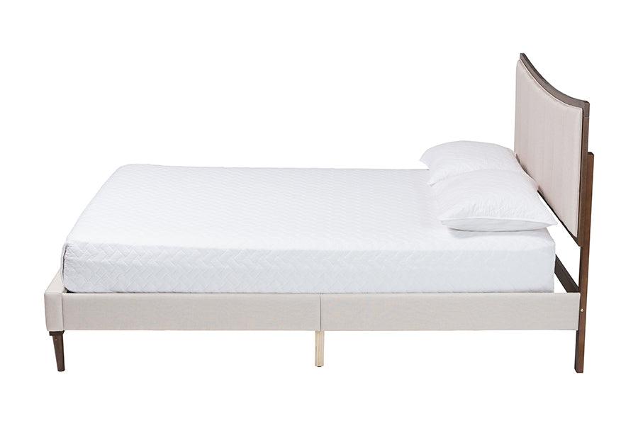 Baxton Studio Nikolai Mid-Century Channel Tufted Beige Fabric and Wenge Brown Wood Queen Bed FredCo