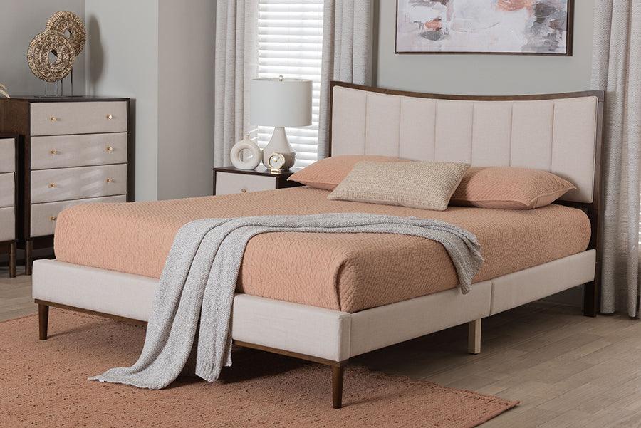 Baxton Studio Nikolai Mid-Century Channel Tufted Beige Fabric and Wenge Brown Wood Queen Bed FredCo