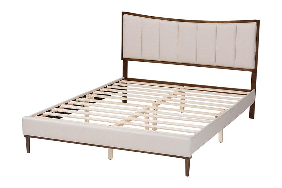 Baxton Studio Nikolai Mid-Century Channel Tufted Beige Fabric and Wenge Brown Wood Queen Bed FredCo
