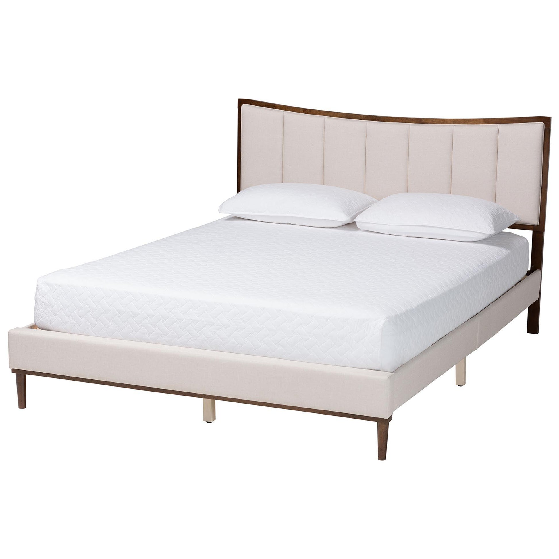Baxton Studio Nikolai Mid-Century Channel Tufted Beige Fabric and Wenge Brown Wood Queen Bed FredCo