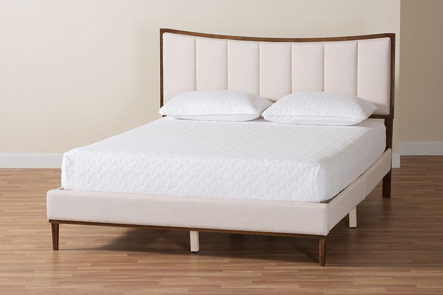 Baxton Studio Nikolai Mid-Century Channel Tufted Beige Fabric and Wenge Brown Wood Queen Bed FredCo