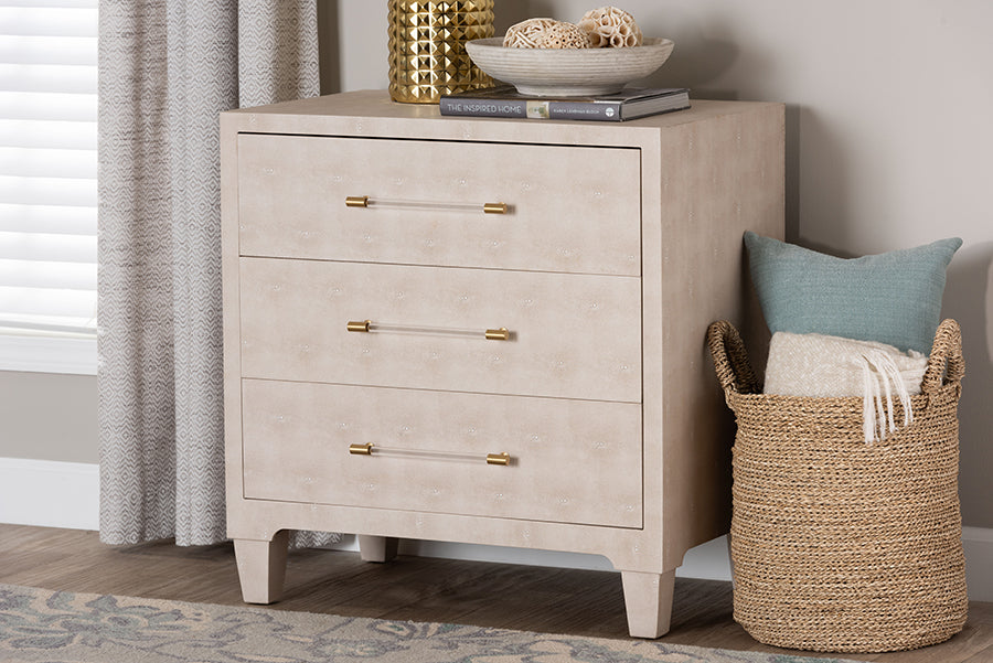 Baxton Studio Nira Modern Beige Faux Shagreen 3-Drawer Storage Cabinet FredCo