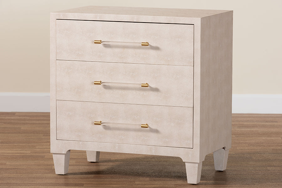 Baxton Studio Nira Modern Beige Faux Shagreen 3-Drawer Storage Cabinet FredCo