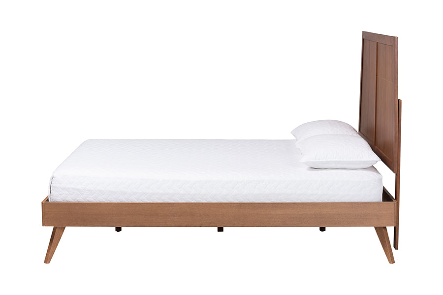 Mid-century modern wooden bed frame with white bedding, offered by FredCo International