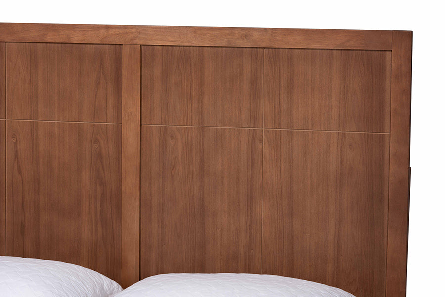 Modern wooden bed headboard with clean lines and natural finish, FredCo International furniture