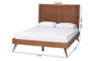 Queen size modern wood bed frame with headboard and mattress, dimensions shown