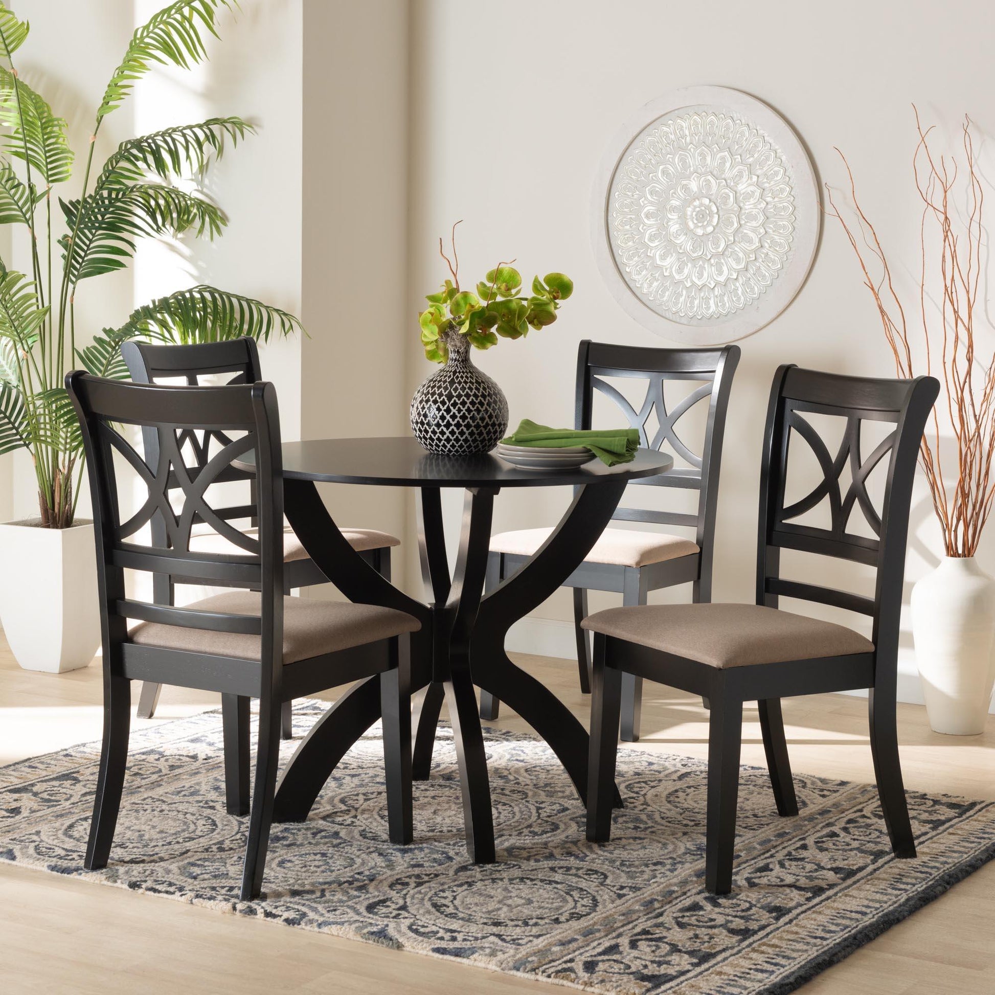 Baxton Studio Noemi Modern Beige Fabric and Dark Brown Finished Wood 5-Piece Dining Set FredCo