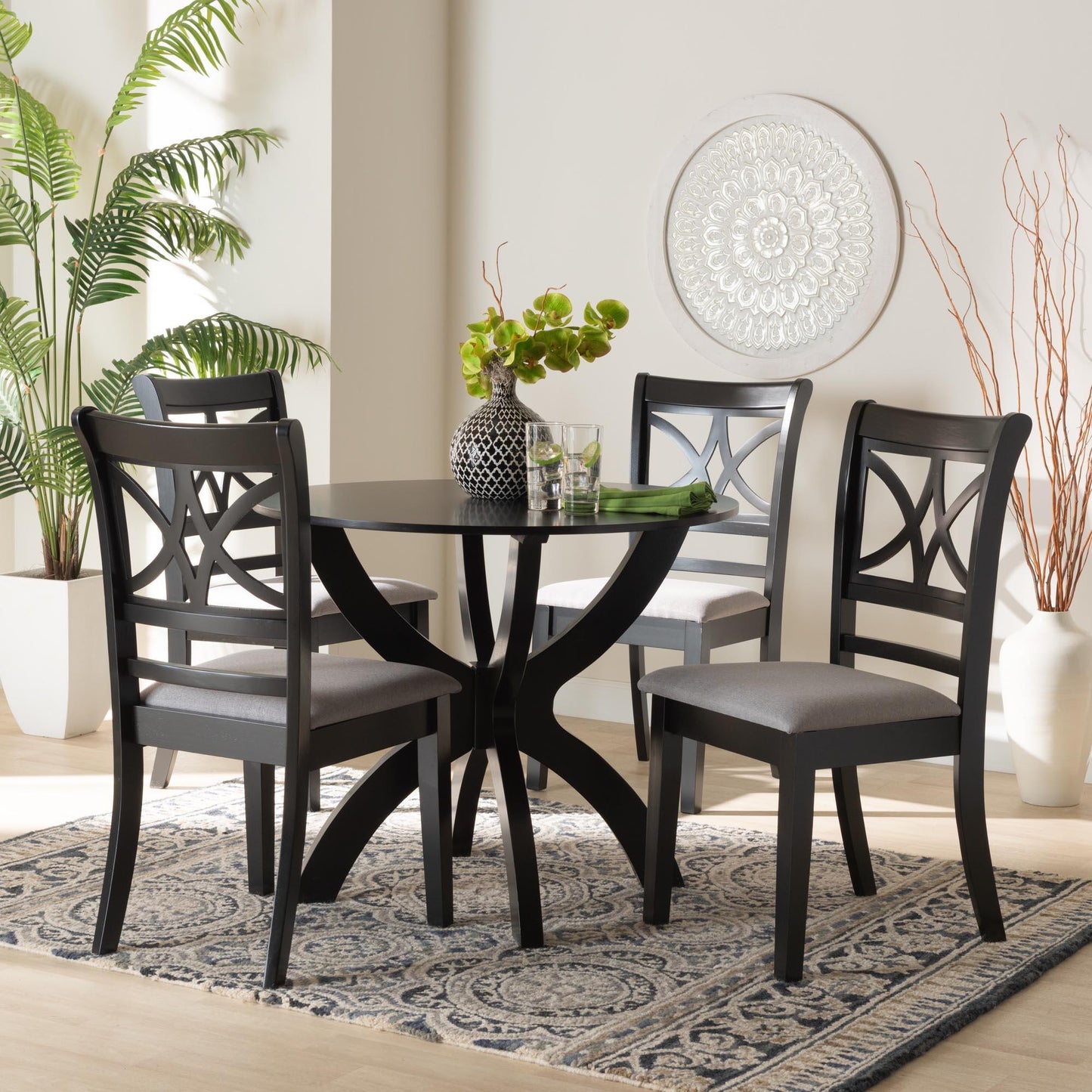 Baxton Studio Noemi Modern Grey Fabric and Dark Brown Finished Wood 5-Piece Dining Set FredCo