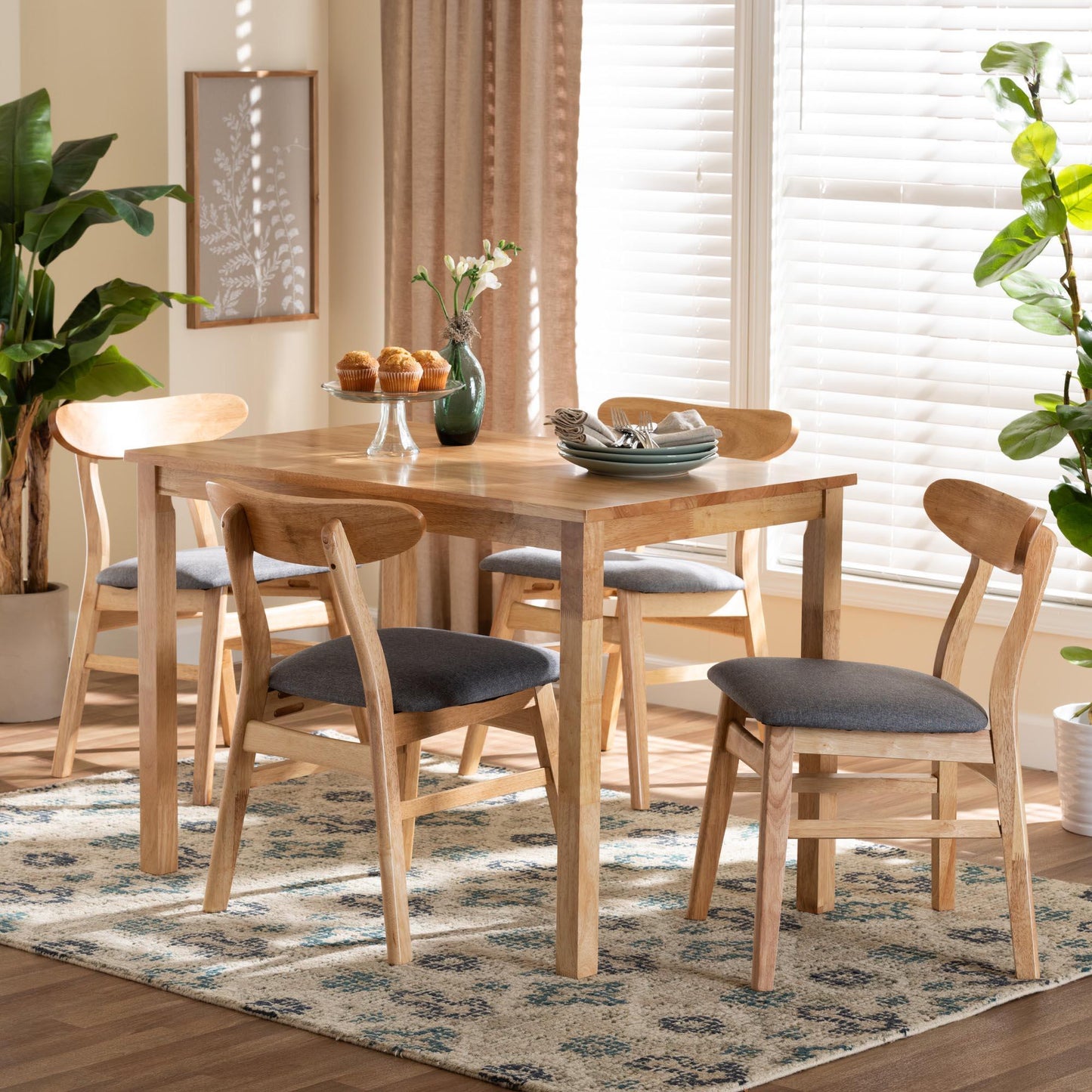 Baxton Studio Norwin Mid-Century Grey Fabric and Natural Brown Finished Wood 5-Piece Dining Set FredCo