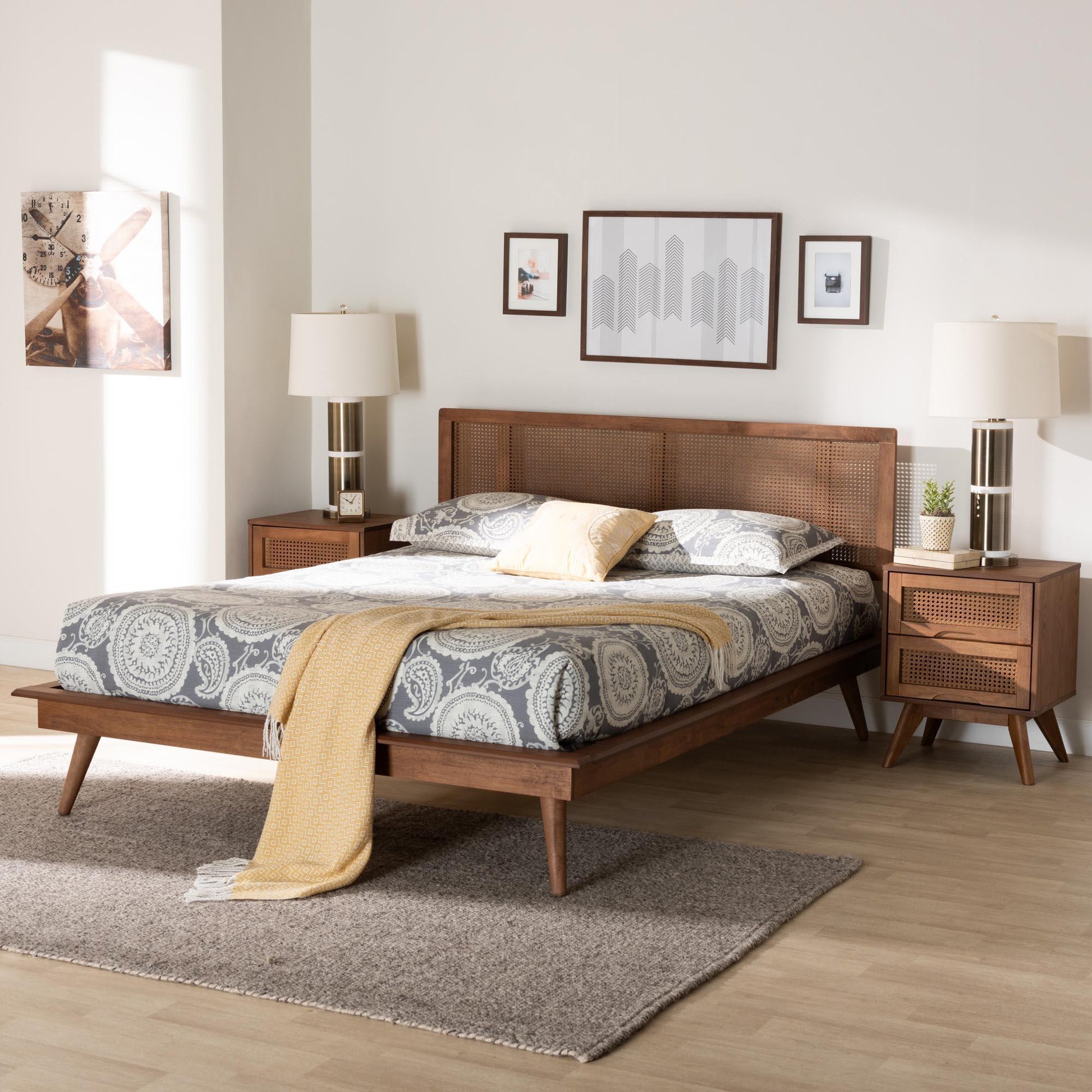 Baxton Studio Nura Mid-Century Modern Walnut Brown Finished Wood and Rattan Full Size 3-Piece Bedroom Set FredCo
