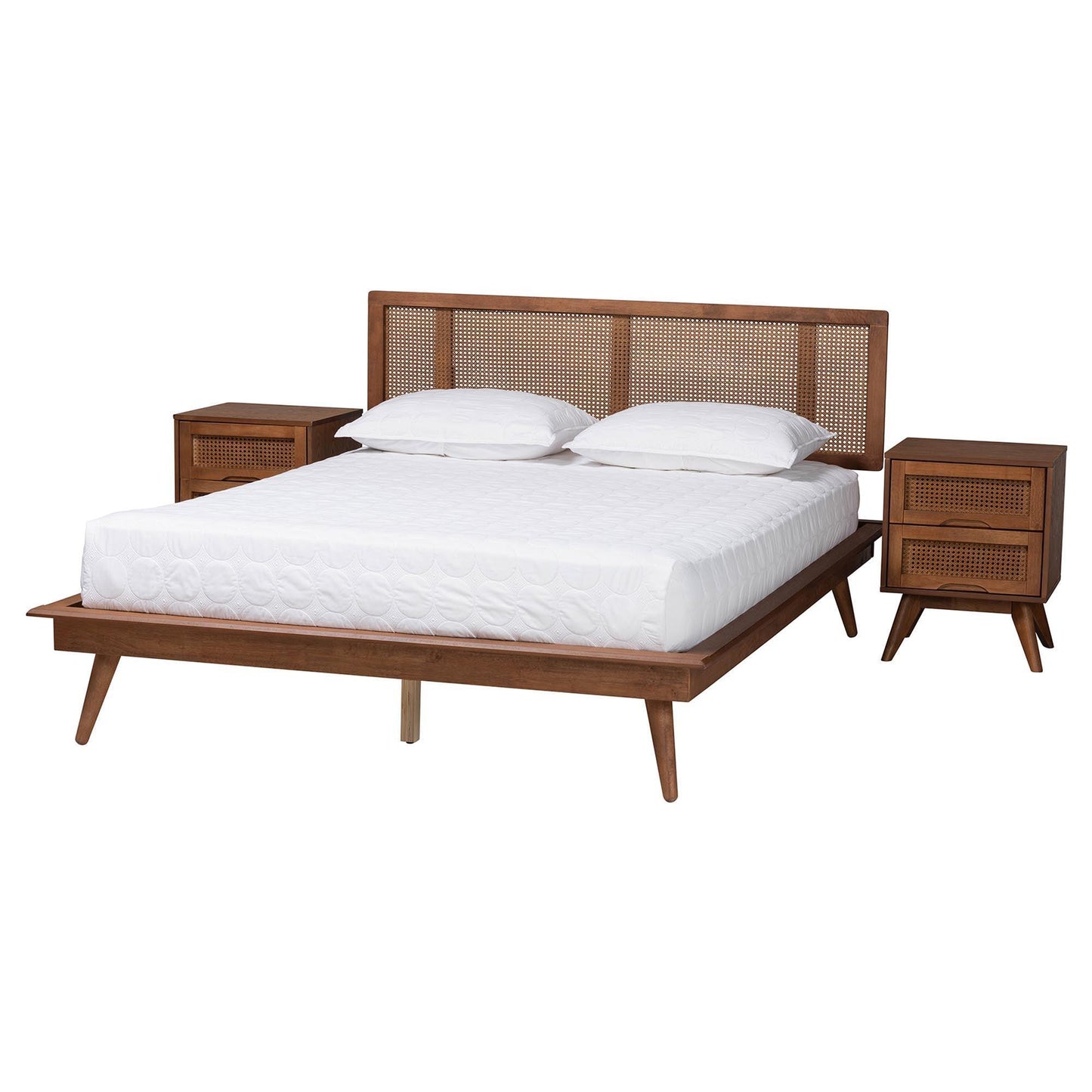 Baxton Studio Nura Mid-Century Modern Walnut Brown Finished Wood and Rattan Full Size 3-Piece Bedroom Set FredCo