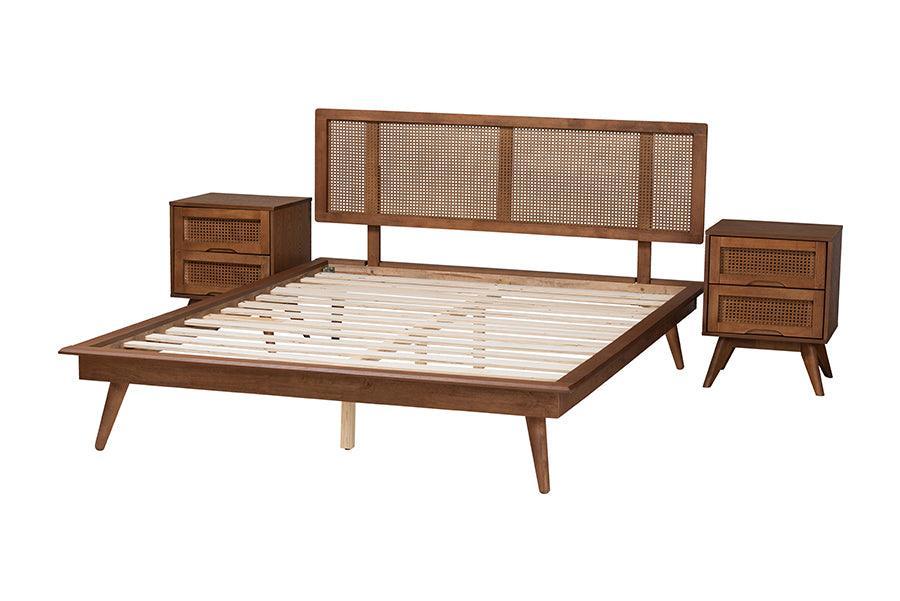 Baxton Studio Nura Mid-Century Modern Walnut Brown Finished Wood and Rattan Full Size 3-Piece Bedroom Set FredCo