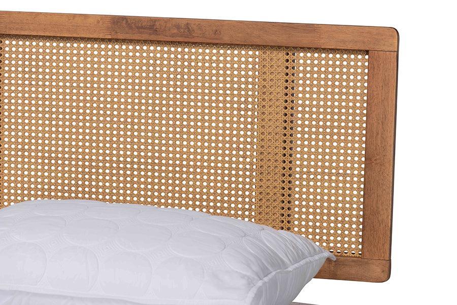 Baxton Studio Nura Mid-Century Modern Walnut Brown Finished Wood and Rattan Full Size 4-Piece Bedroom Set FredCo