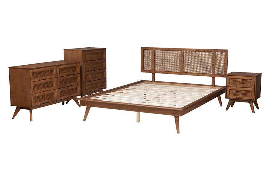 Baxton Studio Nura Mid-Century Modern Walnut Brown Finished Wood and Rattan Full Size 4-Piece Bedroom Set FredCo